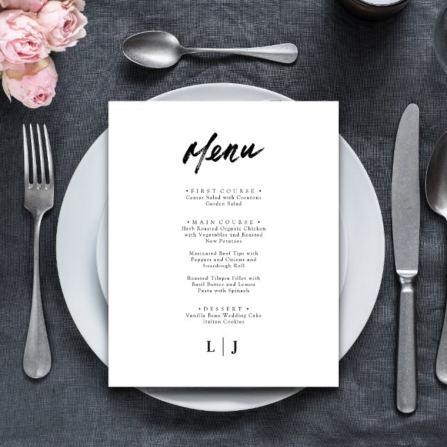 Cartões de Menu de Casamento com Letra Minimalista (Elegant minimalist script wedding menu cards bring timeless charm to each place setting)