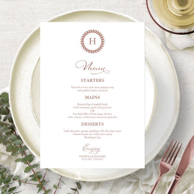 Cartões de Menu de Casamento com Monograma em Coro (Criador carregado)