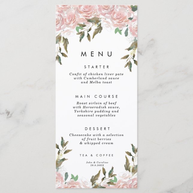 cartões de menu de casamento com rosas cor de rosa (Frente)