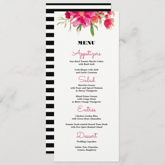 Cartões de Menu de Casamento com Stripes Negras Fl (Frente/Verso)