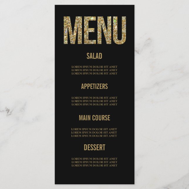 Cartões de menu de casamento com tipografia Dourad (Frente)