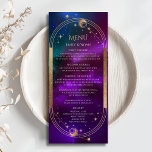 Cartões de Menu de Casamento de Lua Solar Solar Ro<br><div class="desc">Teal Dourado Sol Lua Solar Roxo Cósmico Cartões Menu de Casamento apresentam um sol dourado, lua e estrelas sobre um fundo celeste com os detalhes do menu no centro em um roteiro de caligrafia dourada moderno. Personalize editando o texto nas caixas de texto fornecidas. Projetado para você por © Evco...</div>
