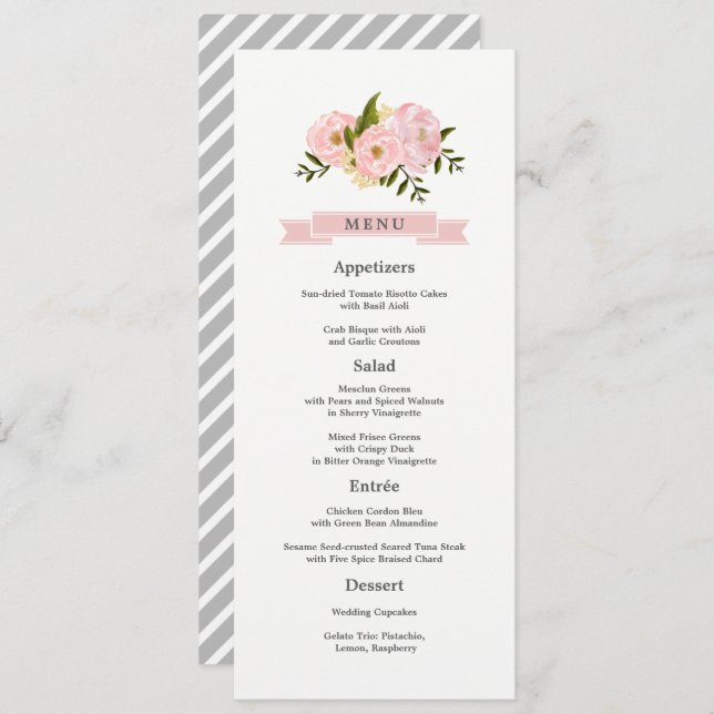Cartões de Menu de Casamento de Peões Rosa-Rosa-Bl (Frente/Verso)