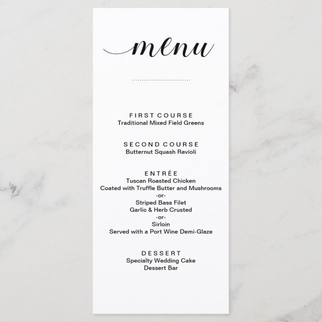 Cartões de Menu de Casamento de Script Branco e Pr (Frente)