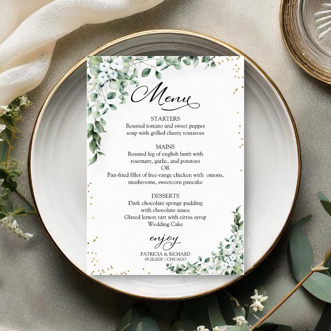 Cartões de Menu de Casamento de Verde Elegante (Criador carregado)