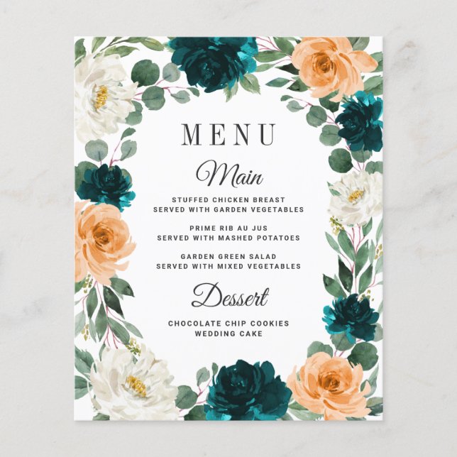 Cartões de menu de casamento do boho azul-turquesa (Frente)