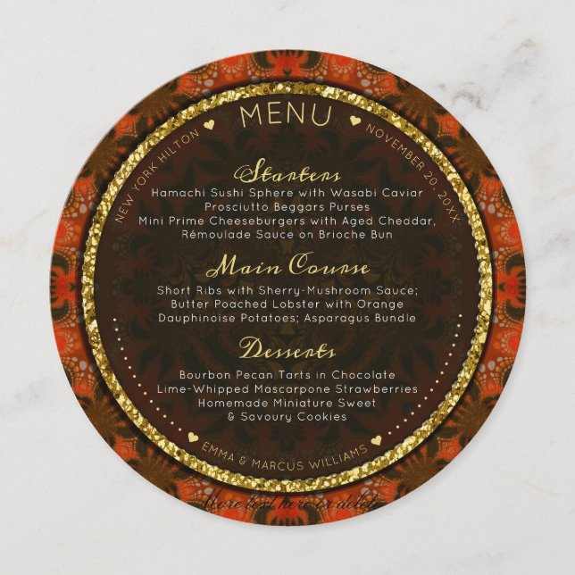 Cartões de menu de casamento do leste, Dourado, la (Frente)