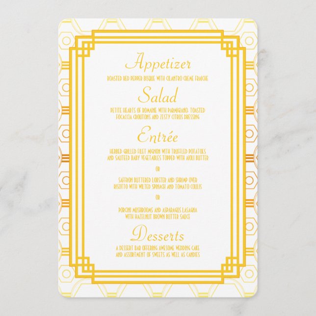 Cartões de Menu de Casamento Dourado Art Deco (Frente)