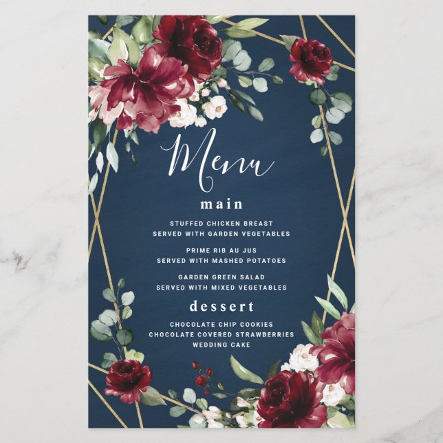Cartões de Menu de Casamento Dourado Blush Blue Bu (Frente)