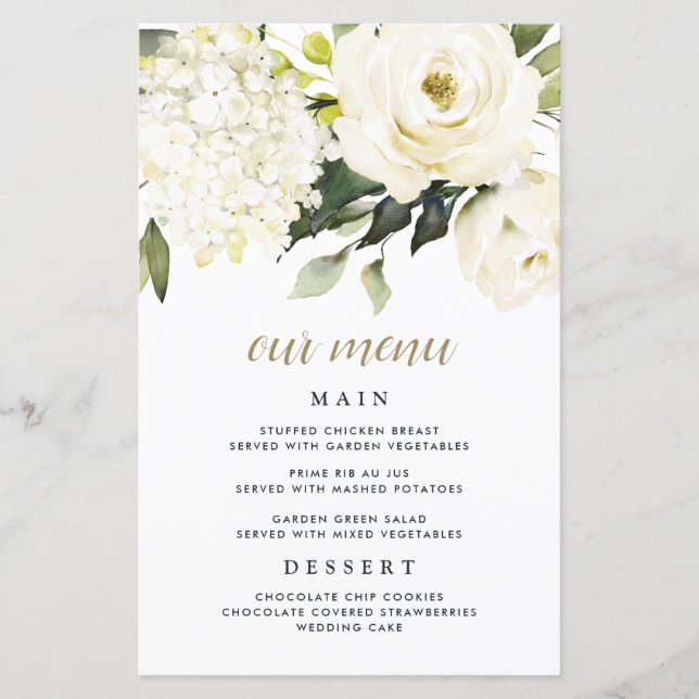 Cartões de Menu de Casamento Dourado Branco Elegan (Frente)