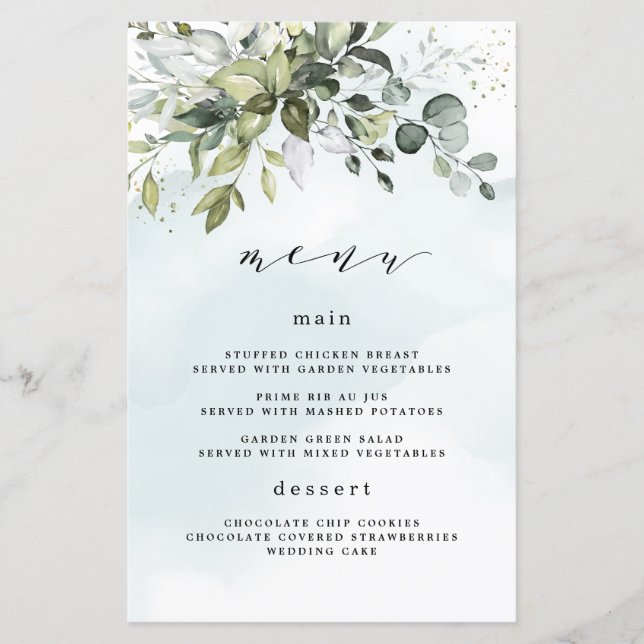 Cartões de menu de casamento Dusty Blue Greenery F (Frente)