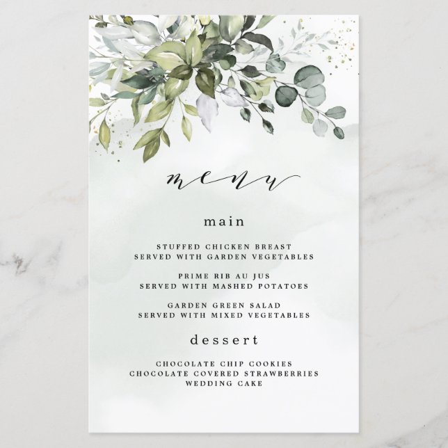 Cartões de menu de casamento Dusty Blue Greenery F (Frente)