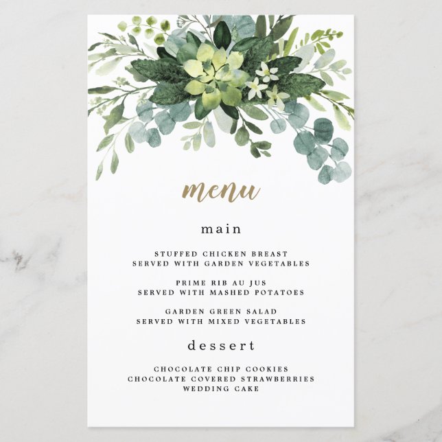 Cartões de menu de casamento Eucalyptus Greenery (Frente)