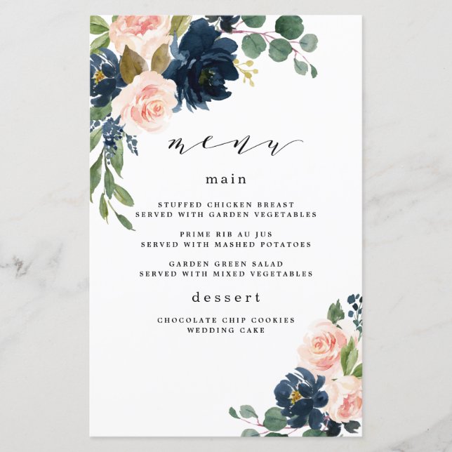 Cartões de menu de casamento Floral, azuis e cor-d (Frente)