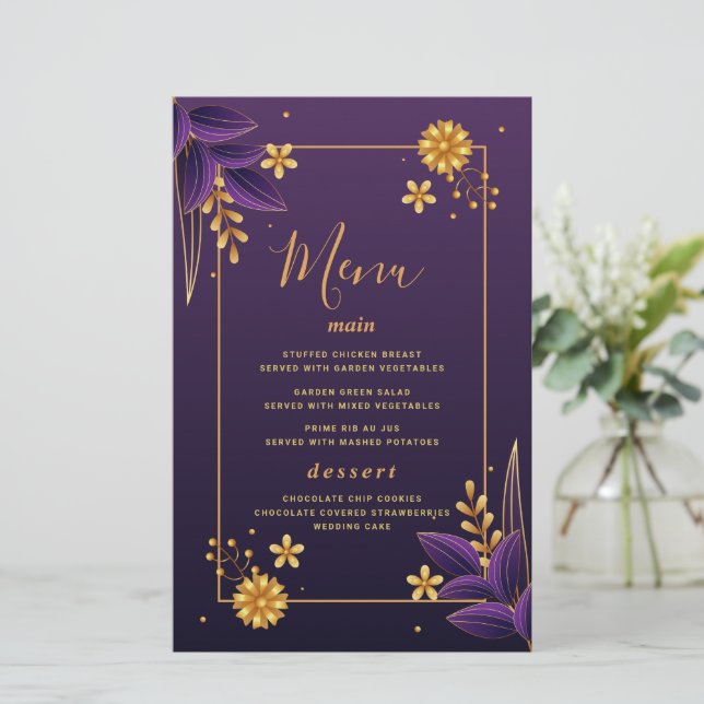 Cartões de Menu de Casamento Floral com Estética R (Em pé/Frente)