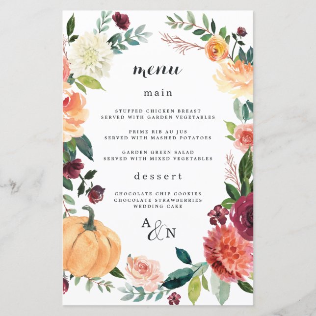 Cartões De Menu De Casamento Floral De Abóbora Ele (Frente)