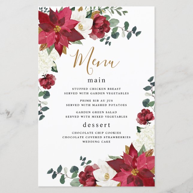 Cartões de Menu de Casamento Floral de Poinsettia  (Frente)
