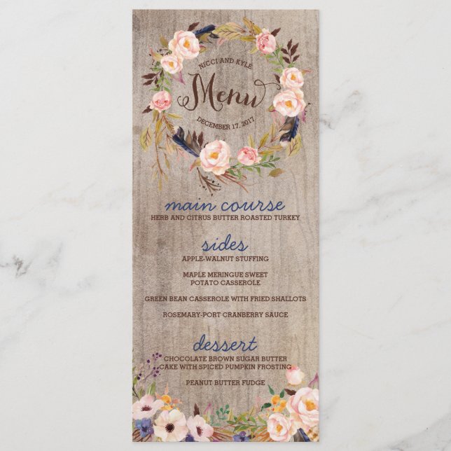 Cartões de Menu de Casamento Floral Rustic (Frente)
