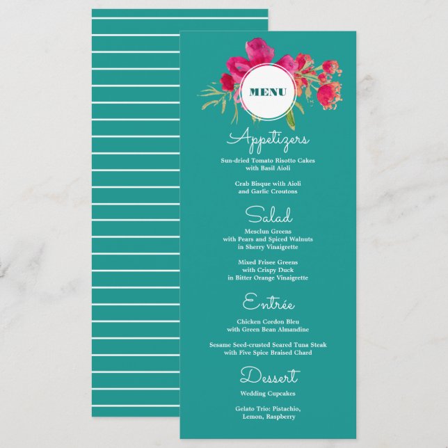 Cartões De Menu De Casamento Floral Turquoise Fuch (Frente/Verso)