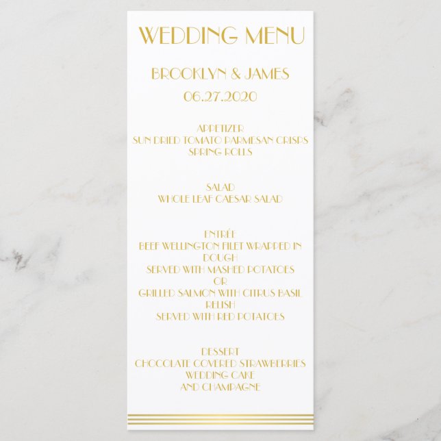 Cartões de menu de casamento Gatsby Excelente Dour (Frente)