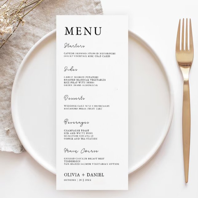 Cartões de menu de casamento minimalistas Modelo (Minimalist Wedding Menu Cards Template)