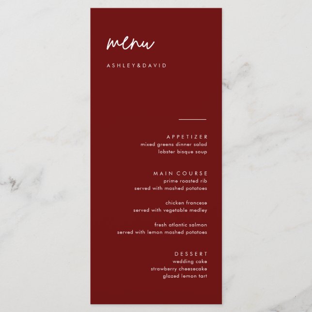 Cartões de Menu de Casamento Moderno Burgundy (Frente)