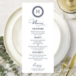 Cartões de Menu de Casamento Monograma Azul-Navy<br><div class="desc">Um simples cartão de menu de casamento com caligrafia chique. Eu ofereço um serviço de personalização gratuito,  se você tiver alguma dúvida ou pedido especial,  por favor,  sinta-se à vontade para entrar em contato comigo.</div>