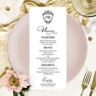 Cartões de Menu de Casamento Monograma Preto e Bra