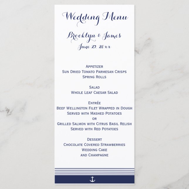 Cartões de Menu de Casamento Náutico Personalizado (Frente)