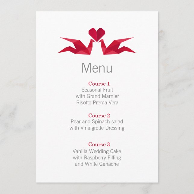cartões de menu de casamento origami red cranes (Frente)