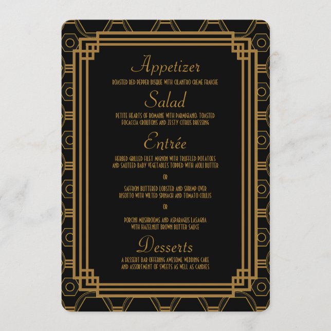 Cartões de Menu de Casamento Preto Art Deco (Frente)