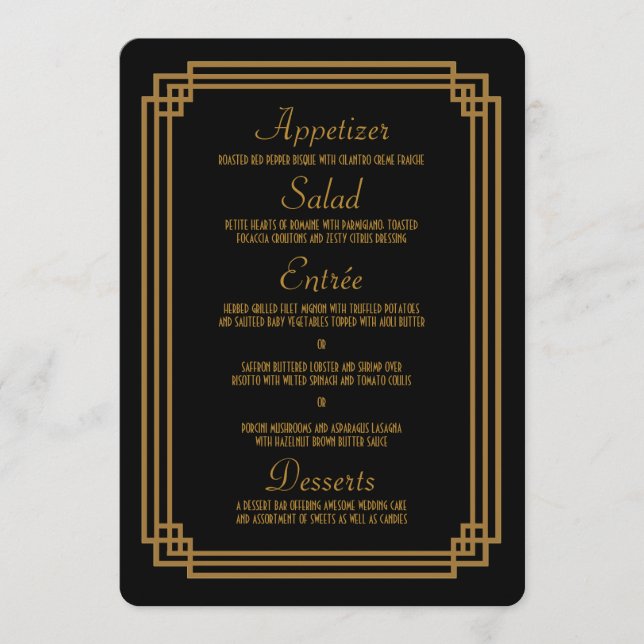 Cartões de Menu de Casamento Preto com Deco de Art (Frente)