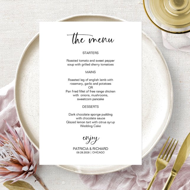 Cartões de Menu de Casamento Preto e Branco Elegan (Criador carregado)