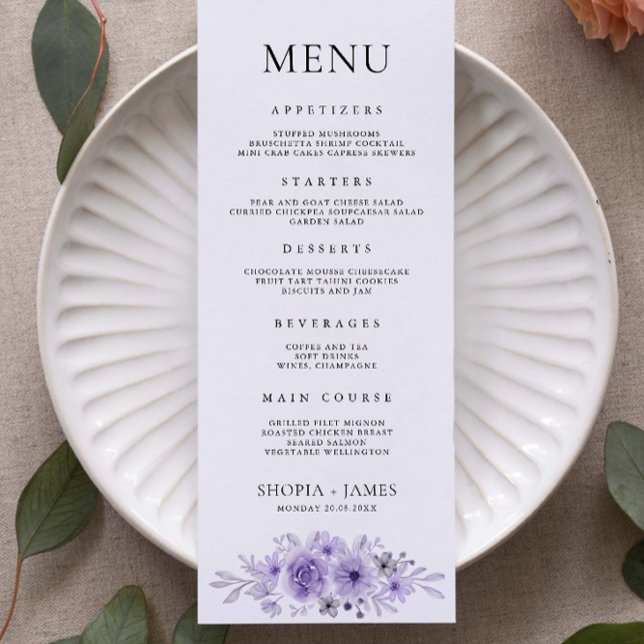 Cartões de menu de casamento púrpura Modelo (Purple Wedding Menu Cards Template)