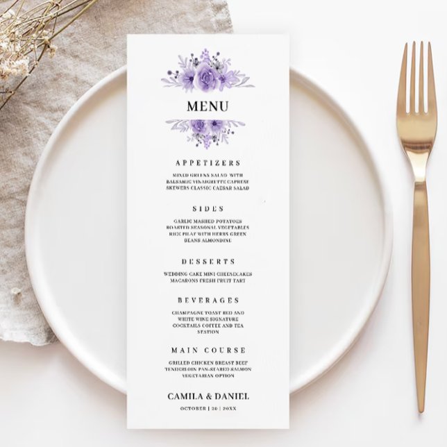 Cartões de menu de casamento púrpura Modelo (Purple Wedding Menu Cards Template)