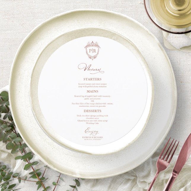 Cartões de Menu de Casamento Redondos Monograma Do (Criador carregado)