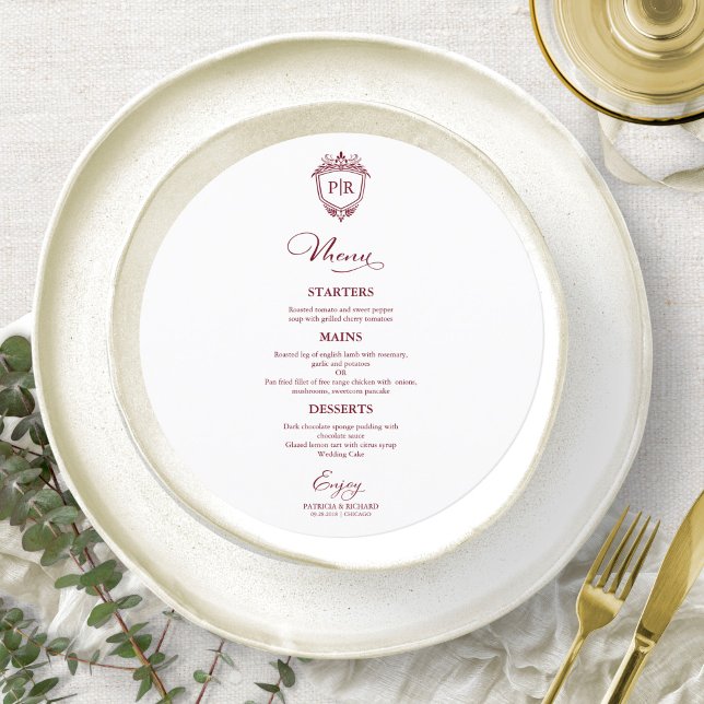 Cartões de Menu de Casamento Redondos Monogramados (Criador carregado)