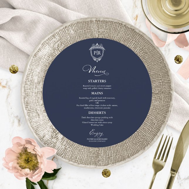 Cartões de menu de casamento redondos monogramas M (Criador carregado)