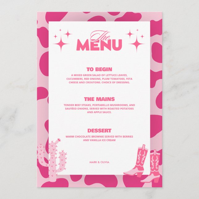 Cartões de Menu de Casamento Retro Cowgirl Disco R (Frente)
