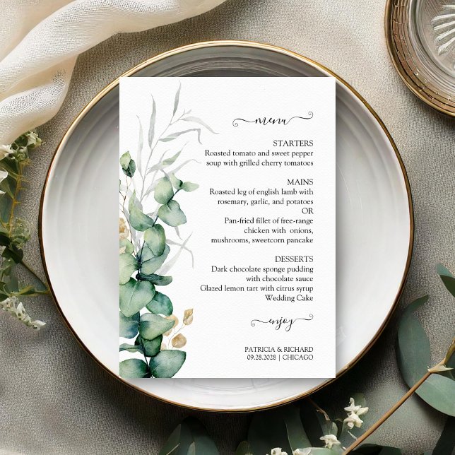 Cartões de Menu de Casamento Rústico Chic Eucalipt (Criador carregado)