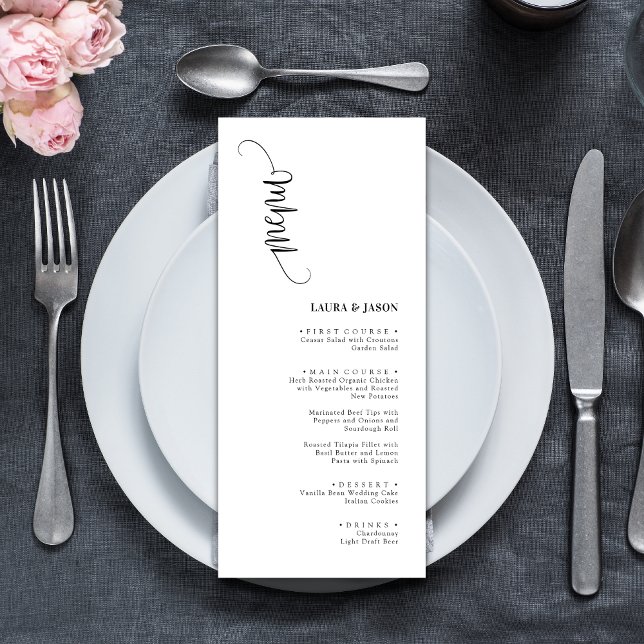Cartões de Menu de Casamento Simples Clássicos Pre (Simple classic black and white wedding menu cards create a timeless, elegant place setting)