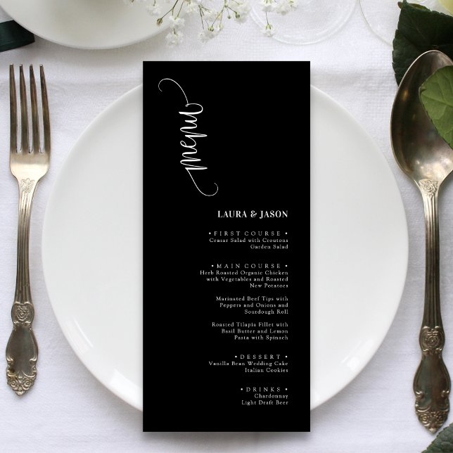 Cartões de Menu de Casamento Simples Clássicos Pre (Simple classic black and white wedding menu cards bring timeless elegance to each place setting)