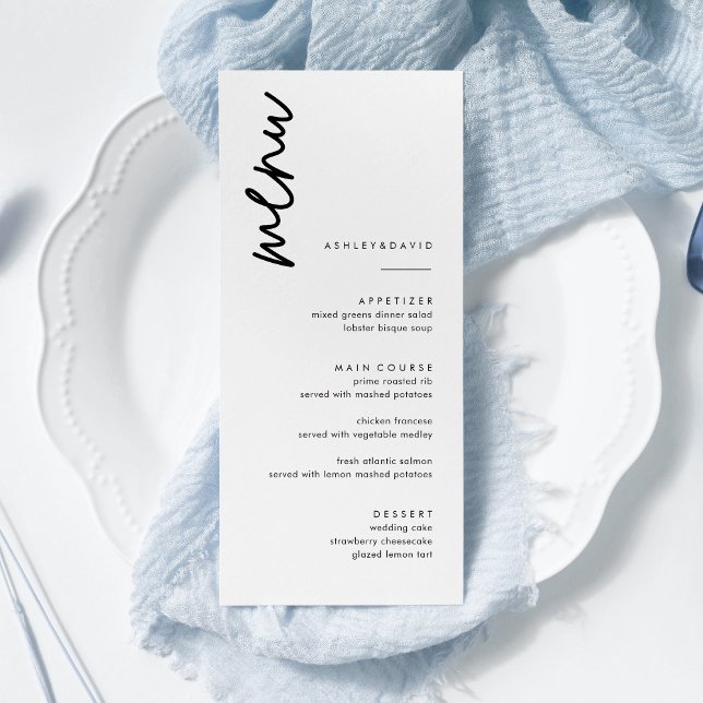 Cartões de menu de casamento simples preto e branc (Criador carregado)