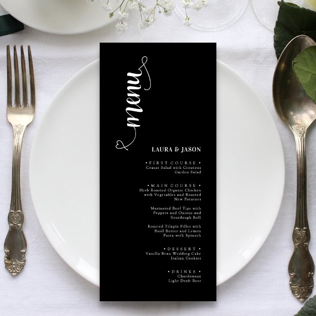Cartões de menu de casamento simples preto e branc (Criador carregado)