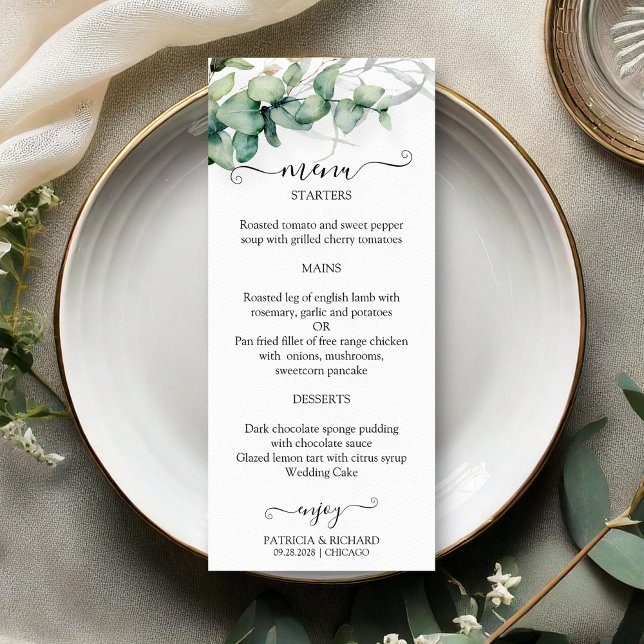 Cartões de Menu de Casamento Verde com Aquarela Ru (Criador carregado)