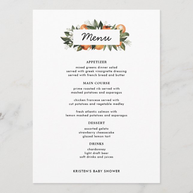 Cartões de menu de Mesa de Citrus Cutil Laranja (Frente)