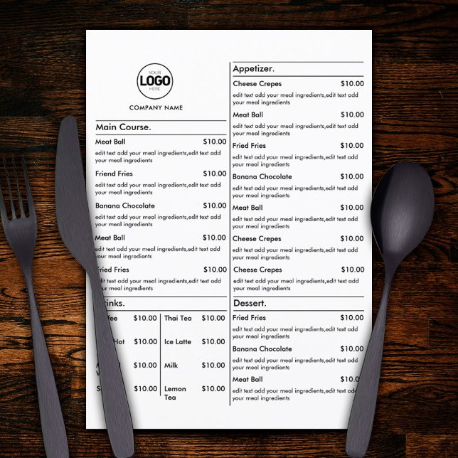 Cartões de Menu de Mesa de Restaurante Brancos Men (Criador carregado)