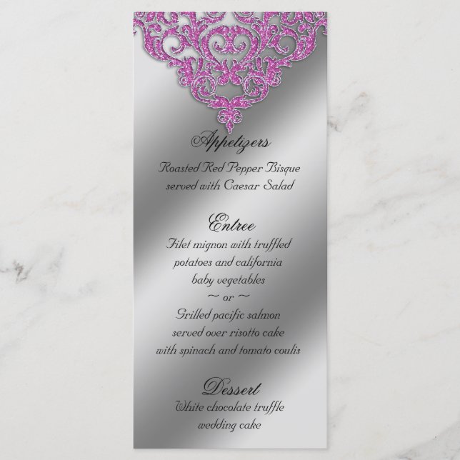 Cartões de menu do casamento tema damasco, cor-de- (Frente)