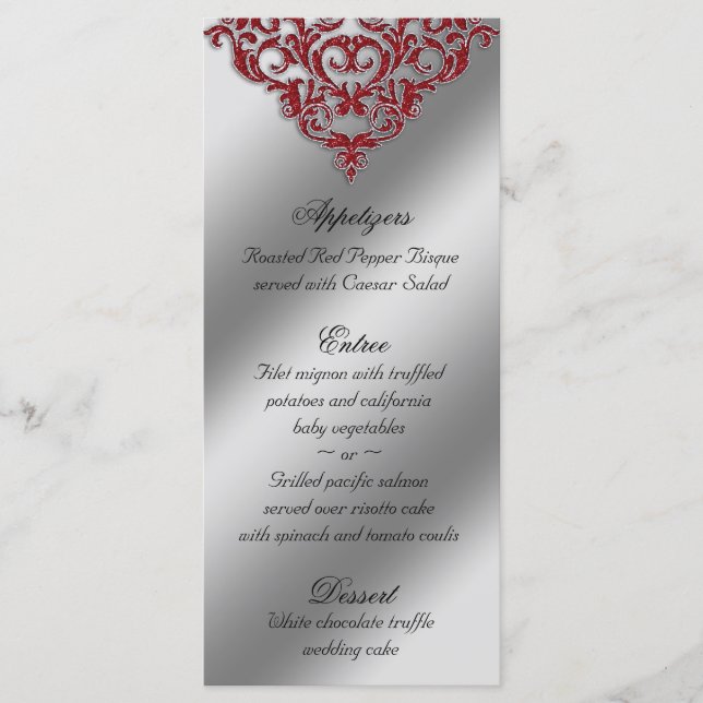 Cartões de menu do casamento tema damasco Red Spar (Frente)