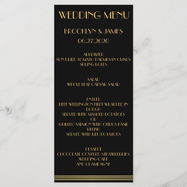 Cartões de menu do Excelente Dourado preto Gatsby  (Frente)